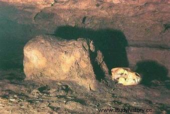 ホラアナグマに面した先史時代の男性 